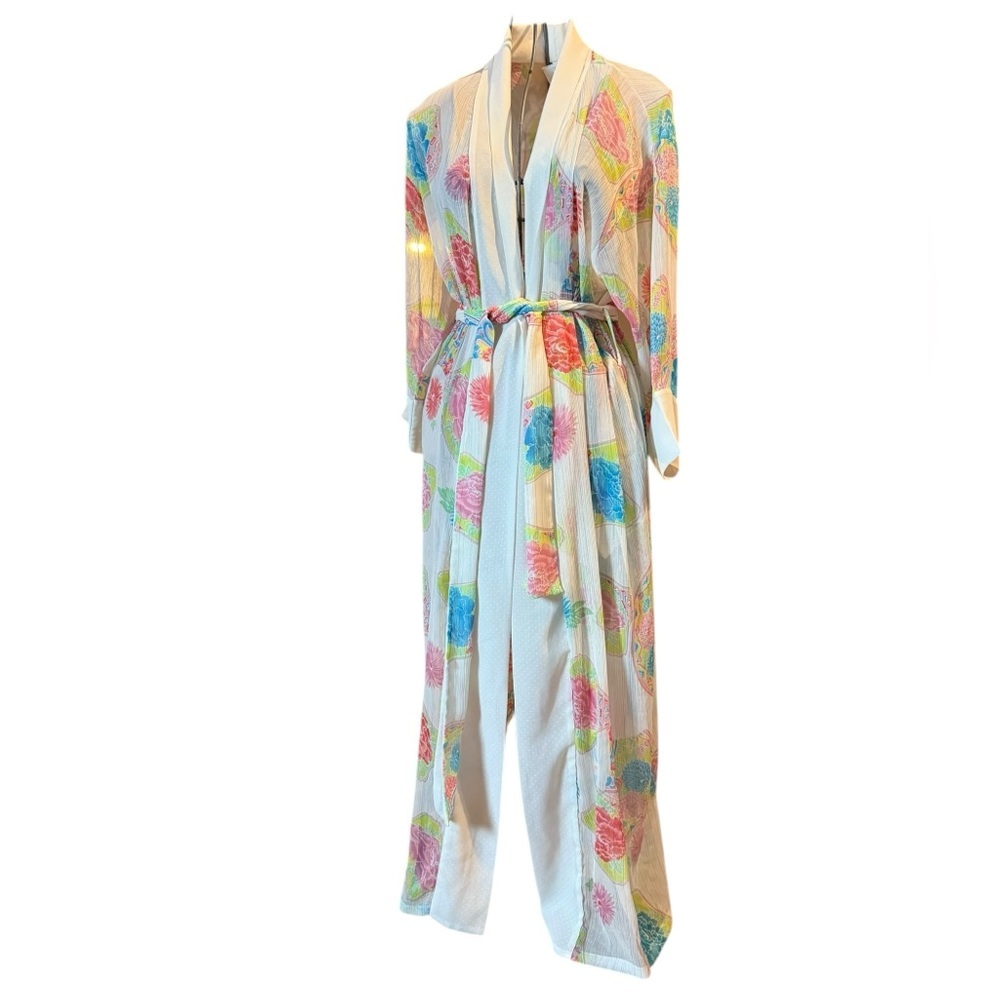 Vintage Floral Silk Robe in White, Pink, Blue, Yellow